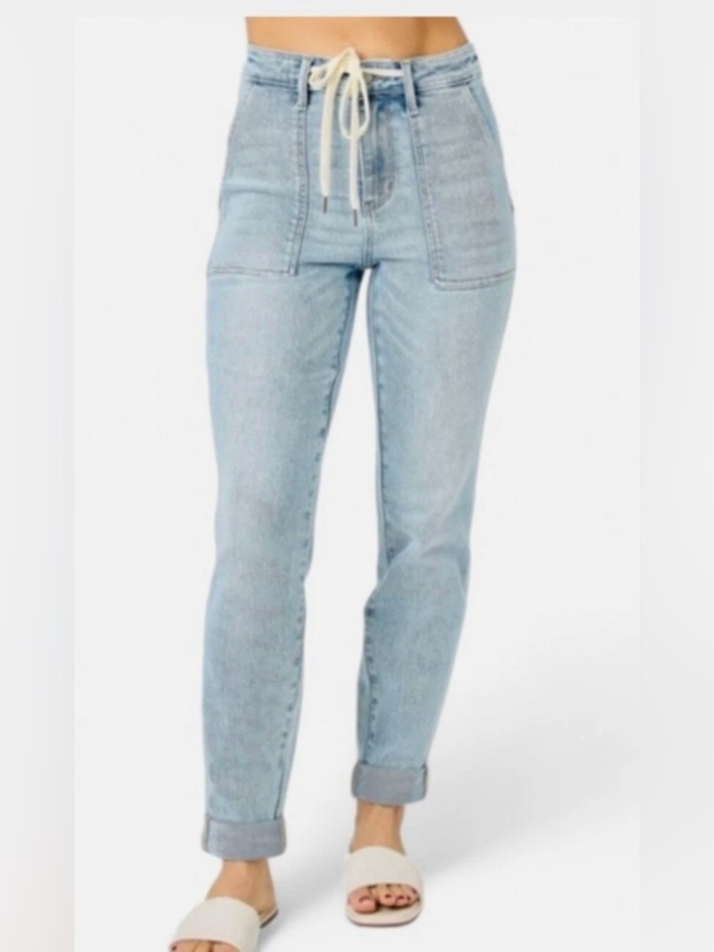 Judy Blue Light Wash Denim Jogger Trendy Jeans Drawstring Waist Size 3/26
